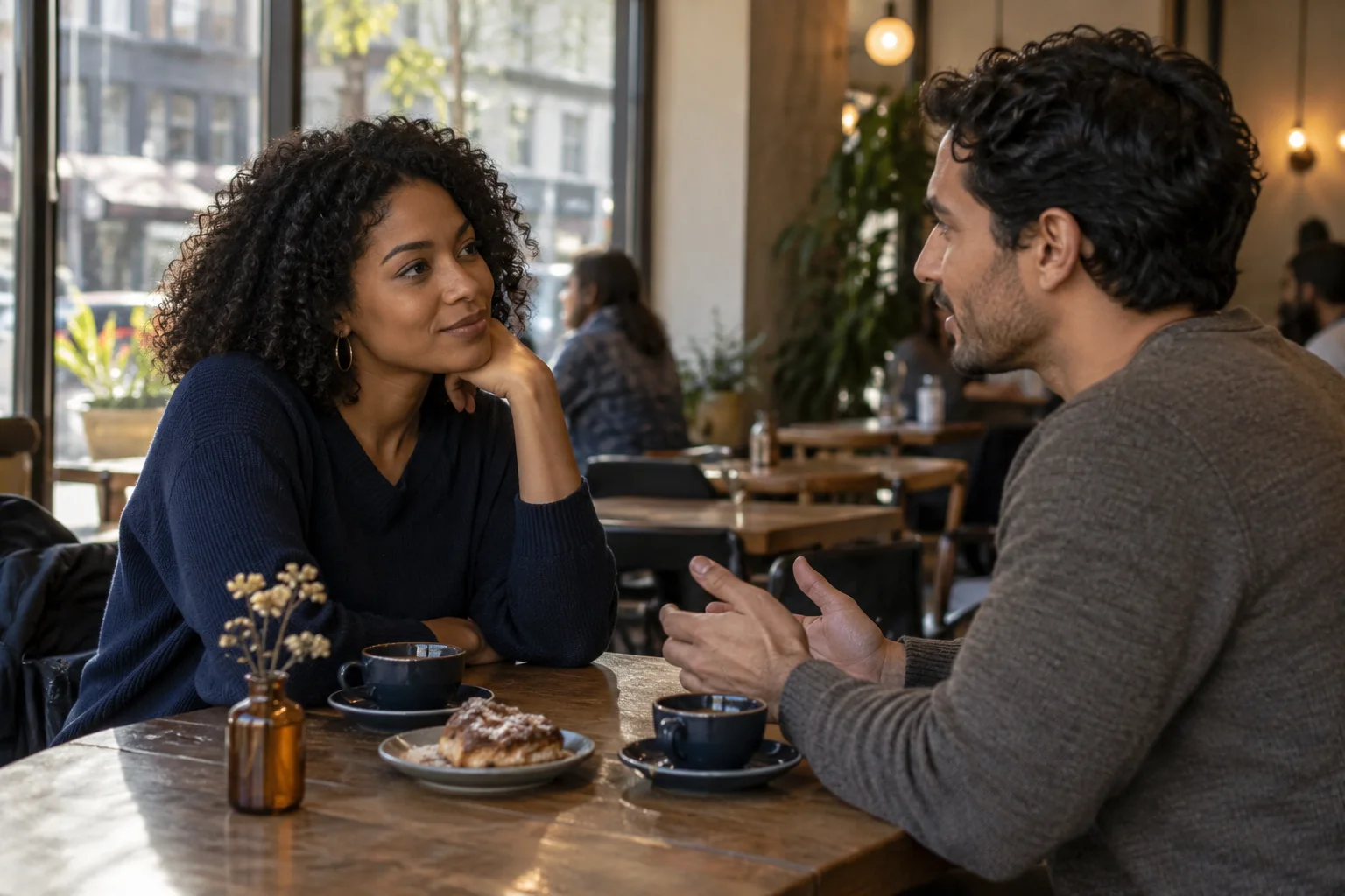 Illustrative scene: a couple having an open conversation in a café